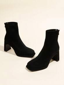 Fall/Winter 8cm Square Heel Women's Black Ankle Boots, Comfortable Block Heel, Back Zipper, Waterproof Platform Chunky Heel Slim Boots,High Heels - Black and White - View 4