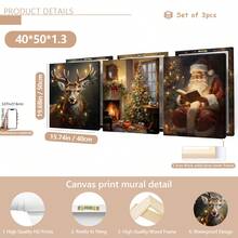 Set de 3 piezas de arte de pared de lienzo navideño - Impresiones de reno, Papá Noel y árbol para decoración festiva del hogar - Perfecto para decoración del hogar, decoración de habitaciones, decoración de dormitorios, decoración de salas de estar, decoración de baños, decoración de paredes, decoraciones navideñas para el hogar, con opción de arte de pared con marco - Multicolor - Ver 18