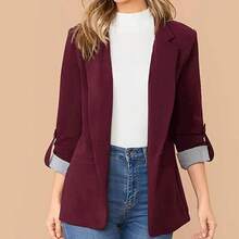 Blazer de Rayas de Otoño e Invierno para Mujer, Casual de Manga Larga, Cárdigan Básico, Chamarra - Burdeos - Ver 3