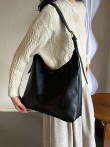 2026新款时尚纯色通勤手提包，简约小众设计腋下包，时尚大容量单肩包 - 黑色 - 查看 5