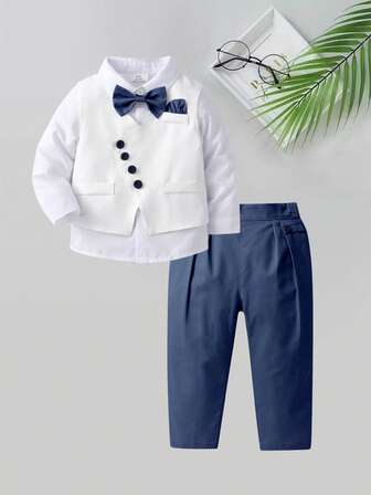 BOARNSEORL 男婴绅士套装三件套 - 白色蝴蝶结衬衫、马甲和裤子，时尚有型，适合生日派对、婚礼、洗礼、周年纪念等场合。
