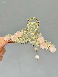 1pc Women Elegant Sophisticated Alloy Flocked Rose Rhinestones, Faux Pearl & Tassel Butterfly Hair Claw Clip Suitable For Everyday Use Hair Clips Hair Jaw Clip Hair Clamps Hair Clutch Hair Catcher Clip Fall Winter Hair Accessories For Women For Vacation Outfits Woman - Pink - View 15