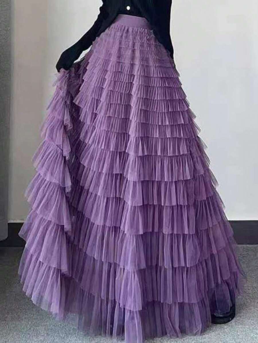 Women's High-Waisted Skirt With Multiple Layers Of Tulle And Fluffy Fairy Detail. - Purple - View 1