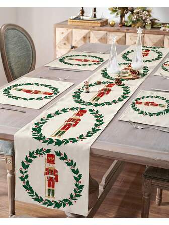 1 pieza/Set Cascanueces, Camino de mesa de lino blanco navideño, Juego de camino de mesa y mantel individual, 33*183cm/33*275cm/30*45cm Decoración de mesa de cocina y comedor estacional, Decoración del hogar, Para fiestas, reuniones familiares