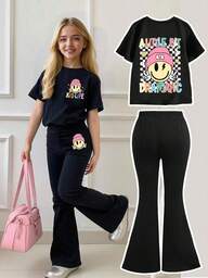 Conjunto de top de manga corta con estampado gráfico de dibujos animados y leggings para niñas preadolescentes