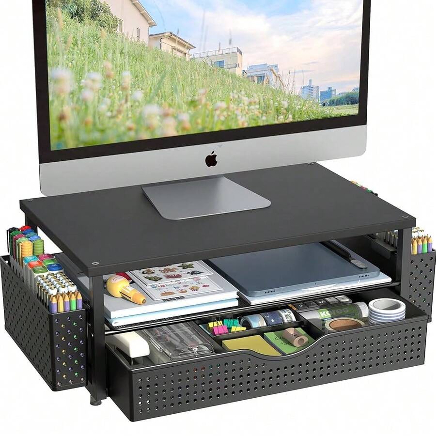 Desk Organizer And Accessories, Computer Monitor Stand Riser With Drawer And 2 Pen Holders, Office Desk Accessories & Workspace Organizers For Office Supplies (Black){Inchcolor_nameinch:InchBlackinch} - 黑色 - 查看 1