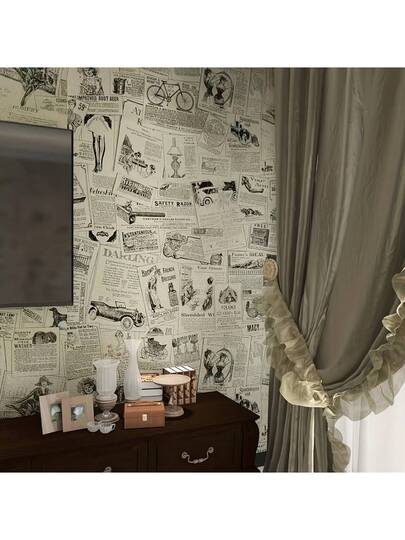 Roll Of Retro Newspaper Pattern Wallpaper. It Is Peel Stick, No Glue Required, Easy To Install Removable. Bedroom Living Room Accent Wand ation, As Well Tabletop Cabinet Renovation. Paper Stickers view 6