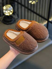 儿童秋冬拖鞋，简约设计，男童室内家居防滑保暖毛绒，女童厚毛绒拖鞋 - 棕色 - 查看 5