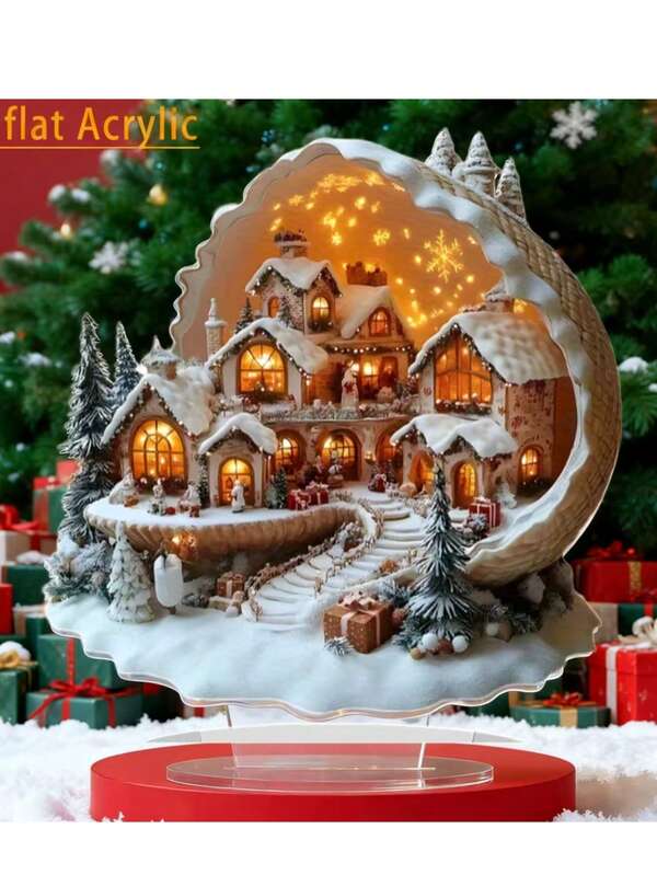 Decoración de escritorio de aldea navideña de acrílico 2D con conchas - Acento festivo encantador para el hogar, la cafetería o el escritorio de la oficina - Excelente idea de regalo