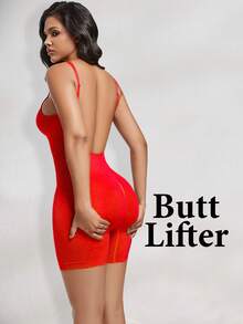 1pc Plus Size Seamless Shapewear For Women, Waist Cincher, Tummy Control, Butt Lift, Open Back, Bodysuit - Red - View 2