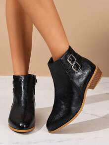 2025 Women's Retro European & American Style Side Zipper Buckle Decor Chunky Heel Short Boots, Fashion Versatile Outdoor Street Style Solid Color Elegant Ankle Boots - Black - View 5