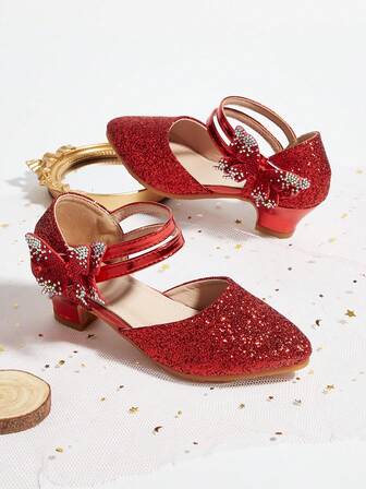 1 Pair Toddler Girls' Glitter High Heel Pointed Toe Hollow Out Elegant Fashion Versatile Party/Performance Shoes, Suitable For Spring, Summer, Autumn