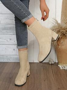 女士修身弹力踝靴，后拉链设计，时尚低跟方头踝靴，百搭女靴 - 米色 - 查看 4