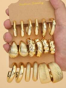 9pairs Fashionable And Elegant New Style Multi-Combination Shape Gold-Plated Plastic Earrings Set,The First Choice For Daily Matching And Gifting