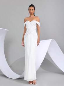 Vestido largo ajustado con hombros descubiertos, cuello de corazón, decoración de diamantes y cuentas brillantes, elegante para cenas formales, invitadas de boda