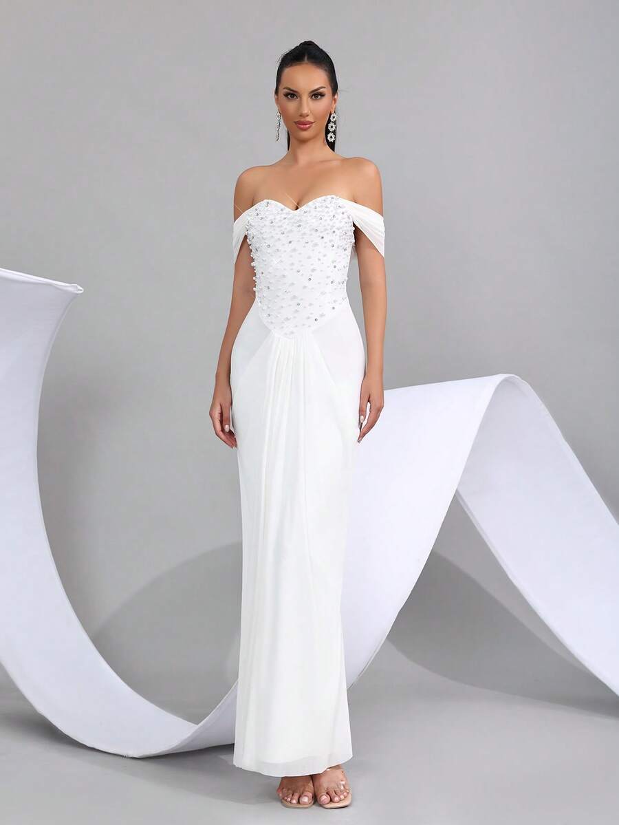 性感闪亮珠钻装饰甜心领露肩修身长裙优雅女士正式晚宴、婚礼宾客礼服 - 白色 - 查看 1