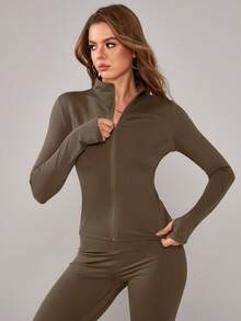 1 Set Women Elastic Zipper Casual Everyday Wear Stand Collar Design Waist Cinched Dance & Sports Outfit Spring - Brown - View 10