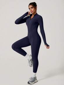 NcmRyu Body modelador feminino de cor sólida, elástico, com meio zíper, gola alta, manga comprida, confortável e que valoriza a silhueta (1 peça). - Azul marinho - Ver 9
