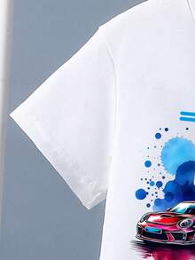 2pcs/Set Young Boy Slogan & Car Print Round Neck Short Sleeve Casual T-Shirt And Shorts Set - White - View 4