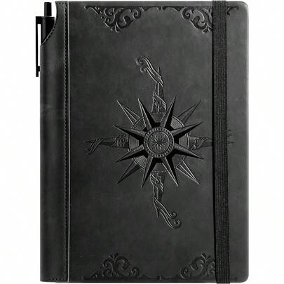 Compass Leather Notebook Journal For Men 100 GSM 288 Pages Lined Journals For Writing A5 Hardcover Journaling Notebooks Gift Set With Pen For Travel Office Daily Writing Black