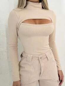 Knit Blouse, Cut-Out, Simple, Casual, Long-Sleeved T-Shirt - 薑色 - 查看 2