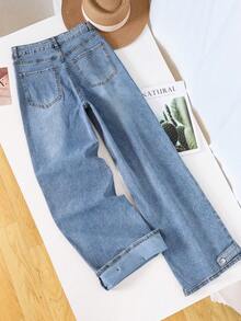 HIMARRI Jeans casuales de pierna ancha para mujer, diseño de cintura escalonada y largo, tela muy elástica para mayor comodidad y estilo. - Azul - Ver 3