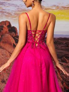 女士亮粉色闪亮蕾丝舞会礼服长款前开襟舞会礼服正式晚礼服。 - 玫紅色 - 查看 2