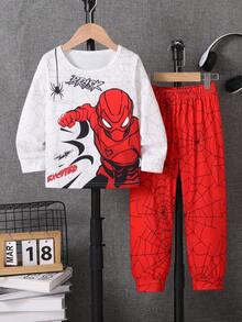 Young Boy Casual Graphic Outfit, Print Long Sleeve Top + Spider Web Print Pants, Stylish Cartoon Fit, For Everyday Wear, Birthday Party, Satisfy Young Hero Dream, Autumn/Winter