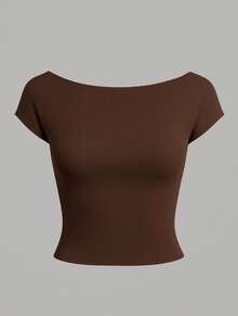 Women's Off-Shoulder Cropped Top With Short Sleeves, Plain, Casual, Basic, Double Fabric, Suplex Fabric. - Rỉ Nâu - Xem 4