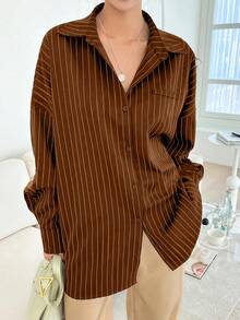 棕色和白色条纹前纽扣口袋长袖衬衫，秋季 - 棕色 - 查看 5