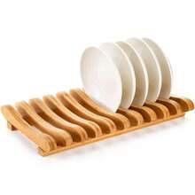 Frcctre Bamboo Dish Drying Rack, 10 Slots Bamboo Cabinet Plate Stand Dish Drainer Wooden Plate Rack Pot Lid Holder Kitchen Dish Plate Storage Organizer For Countertop Cabinet{Inchcolorinch:InchNatural Bambooinch} - 天然竹子 - 查看 1