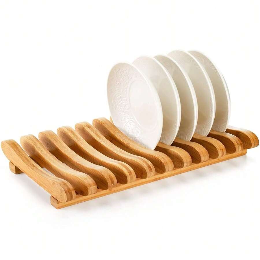 Frcctre Bamboo Dish Drying Rack, 10 Slots Bamboo Cabinet Plate Stand Dish Drainer Wooden Plate Rack Pot Lid Holder Kitchen Dish Plate Storage Organizer For Countertop Cabinet{Inchcolorinch:InchNatural Bambooinch} - 天然竹子 - 查看 1