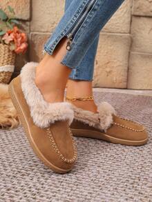 女士时尚雪地靴，卡其色，保暖内衬，厚实纯色，舒适百搭的冬季户外雪地鞋 - 卡其色 - 查看 5