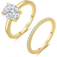 Cubic Zirconia Gold Rings Women Non Tarnish  Dainty 14K Gold Plated Stackable Princess Cut Engagement Ring Set Wedding Promise Rings Her Jewelry Size 6 8 9 10 11 - E-2pcs Oval Engagement Ring + 9 - View 1