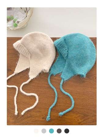 女士纯色针织帽，带护耳和系带，女巫风格保暖渔夫帽，毛球编织飞行员帽，多功能手工针织带护耳渔夫帽