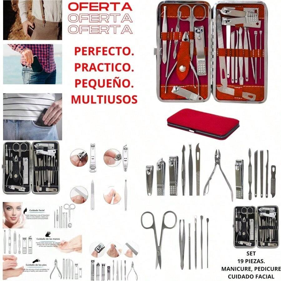 Set de Manicure profecional 19 piezas acero inoxcidable portatil compacto Cortauñas Alicate ROJO - Rojo - Ver 1