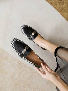 Mengshangli Women's Solid Color Preppy Style Rhinestone Flat Ballet Shoes, Office Party All-Season Shoes - Black - View 3