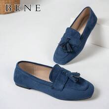 Women's Elegant Square Flat Green Suede Tassel Floral Pendant Loafers, Suitable For Spring, Summer, Autumn And Winter - Blue - View 8