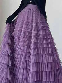 Women's High-Waisted Skirt With Multiple Layers Of Tulle And Fluffy Fairy Detail. - Purple - View 2