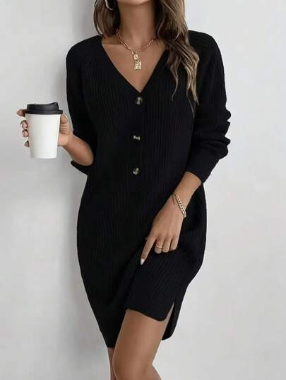 Women's Elegant V-Neck Sweater Dress - Fashionable New Year Party Outfit, Easy Care Hand Wash, Suitable For Formal And Casual Wear In Autumn/Winter, Long Sleeve Front Button Design Solid Color Knitted Ladies Sweater Dress, Essential For Autumn/Winter-New Year