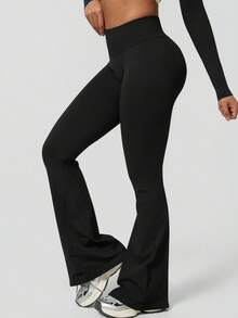 NcmRyu 1Pc Women'S Solid Color Seamless Minimalist High Waist Elastic Butt Lifting Flared Sports Pants Tights - Black - View 7