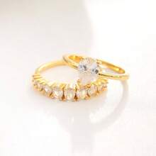Cubic Zirconia Gold Rings Women Non Tarnish  Dainty 14K Gold Plated Stackable Princess Cut Engagement Ring Set Wedding Promise Rings Her Jewelry Size 6 8 9 10 11 - B-2pcs Pear Shaped Engagement Ring + 11 - View 8