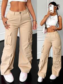 Pantalones color caqui de tiro alto, corte holgado y estilo utilitario, diseño con múltiples bolsillos, tejido estructurado y con textura, casuales, modernos y versátiles. - Caqui - Ver 1