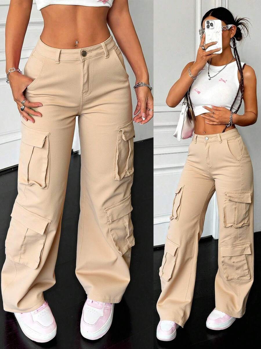 Pantalones color caqui de tiro alto, corte holgado y estilo utilitario, diseño con múltiples bolsillos, tejido estructurado y con textura, casuales, modernos y versátiles. - Caqui - Ver 1