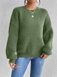 Women's Solid Color Round Neck Long Sleeve Casual Ribbed Knit Sweater - Olive Green - View 5