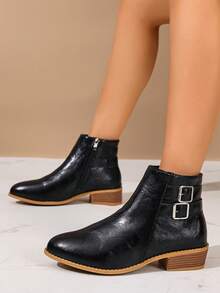 2025 Women's Retro European & American Style Side Zipper Buckle Decor Chunky Heel Short Boots, Fashion Versatile Outdoor Street Style Solid Color Elegant Ankle Boots - Black - View 4