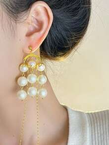 1 par de pendientes elegantes de algodón blanco con borlas de perlas falsas, pendientes minimalistas de moda y versátiles