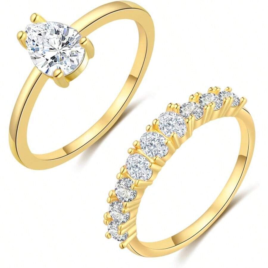 Cubic Zirconia Gold Rings Women Non Tarnish Dainty 14K Gold Plated Stackable Princess Cut Engagement Ring Set Wedding Promise Rings Her Jewelry Size 6 8 9 10 11 - B-2pcs Pear Shaped Engagement Ring + 11 - View 1