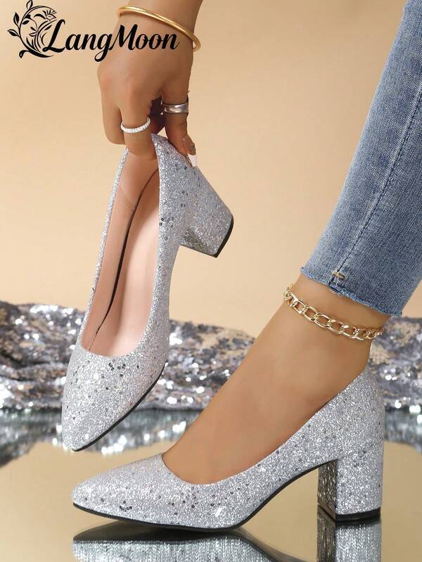 2025 Autumn/Winter New Arrival High-End Silver Shiny Sequin Thick Heel High Heels - Comfortable Versatile Sexy Design, Sparkling Sequins Lights Up Ins-Style European & American Sexy , Suitable For Parties, Gatherings, Nights Out And Casual Chic Outfits, Premium Quality Soft Insole Non-Cramping Women's High Heels, Suitable For Weddings, Halloween, Christmas,