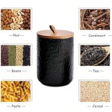 3 Pack Ceramic Canister Set With Wooden LidAirtight Food Storage Jars With Top Handle Grain Storage Jar For Flour Sugar Coffee Tea Spice Salt Candy Cookie Black - 黑色 - 查看 4